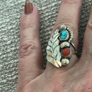 Sterling Silver Turquoise and Coral Ring